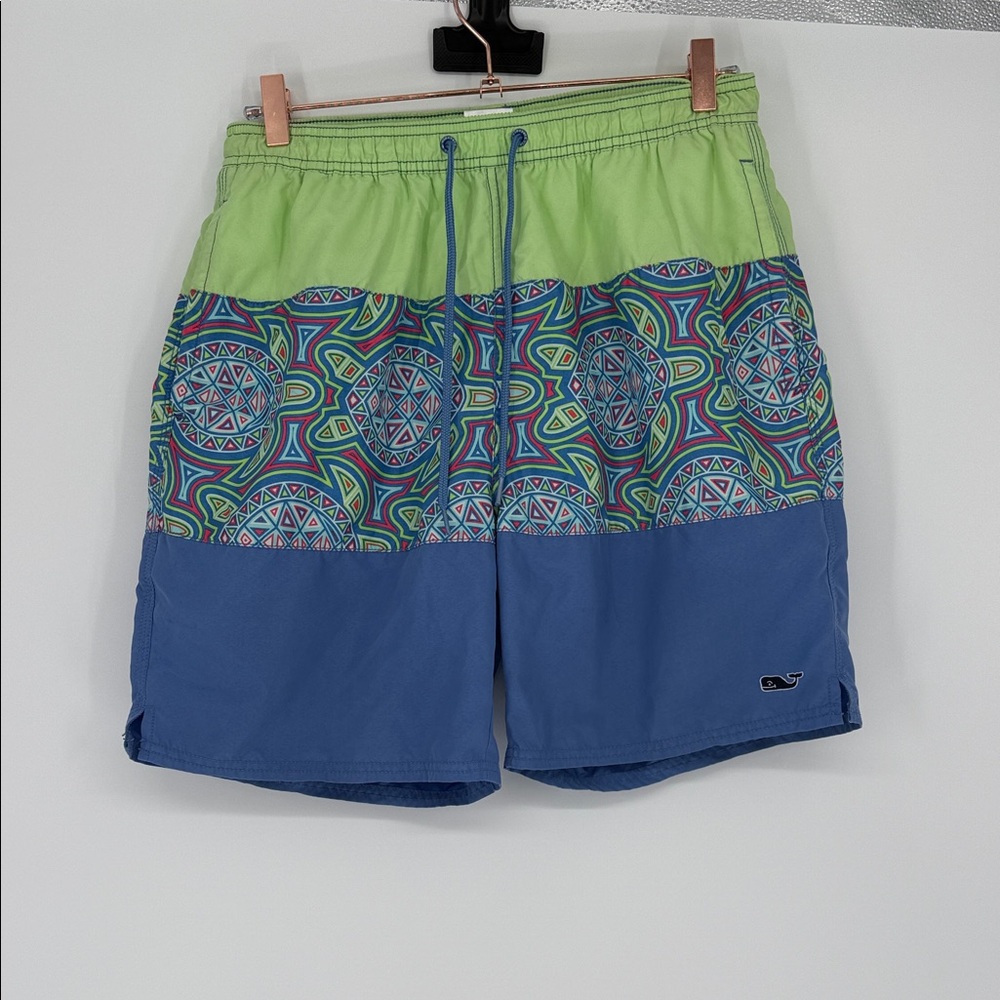 Vineyard Vines Swim Trunks Sz M Green Blue Colorblock Whale Logo Board Shorts